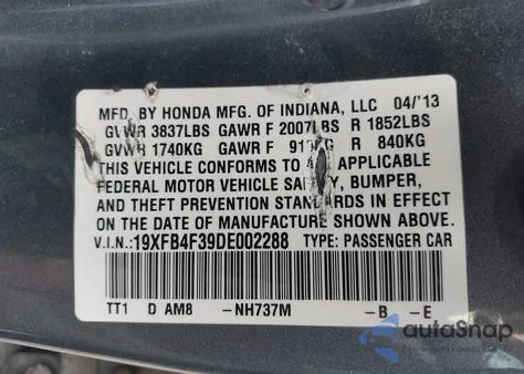 2013 Honda Civic Hybrid from USA, damaged, VIN 19XFB4F39DE002288